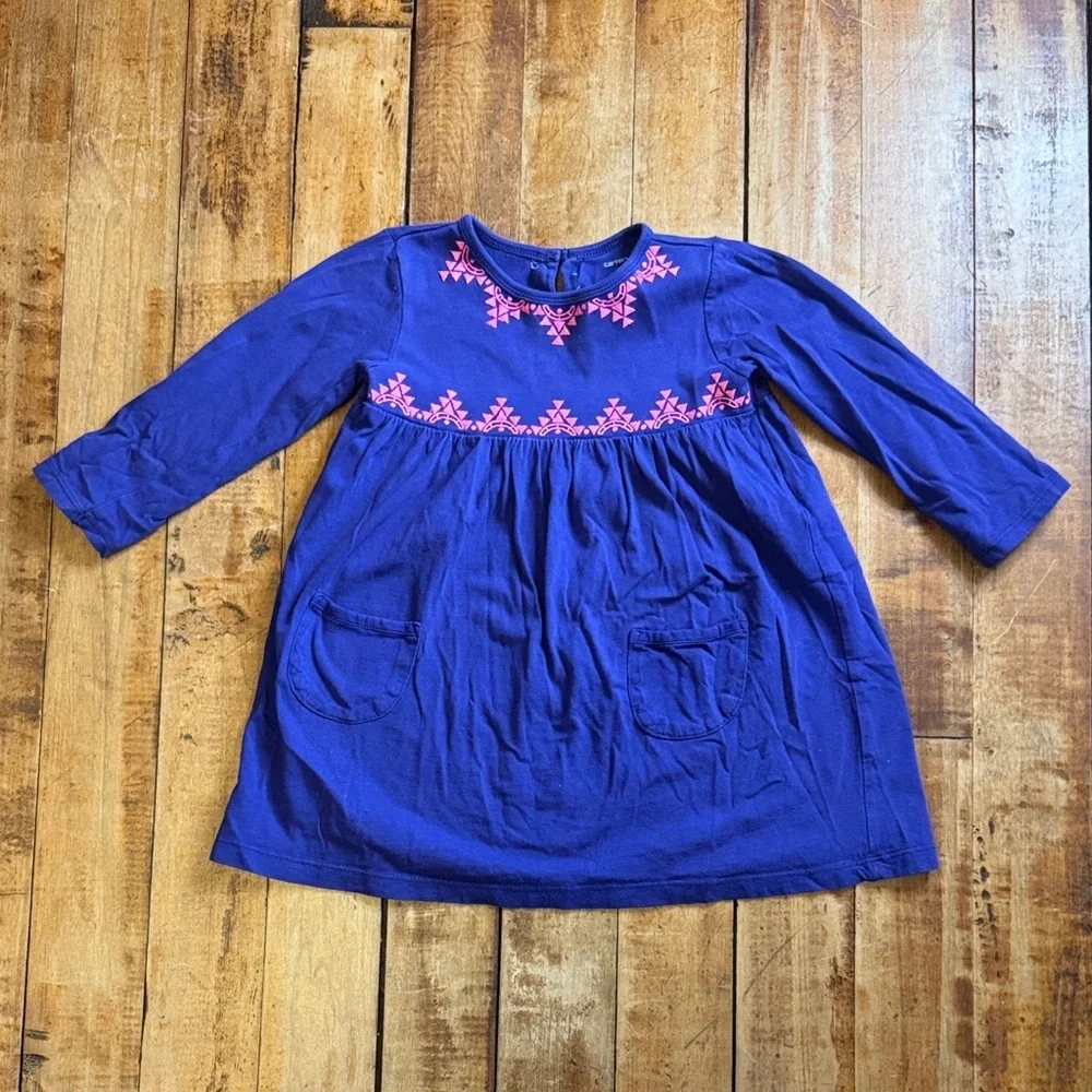 Carter long sleeve dress purple 4T pink embroidered cotton
